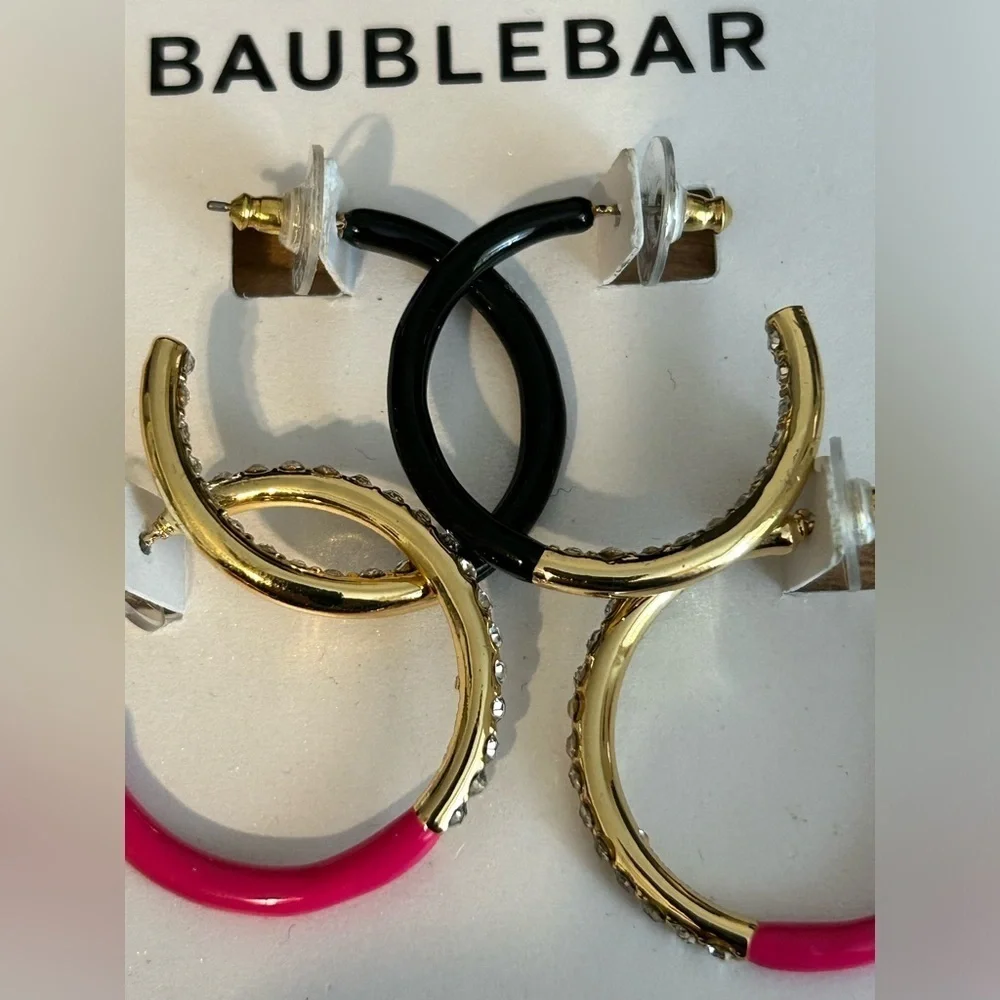 Baublebar Pink & Black Enamel Hoops Earrings With Rhinestones NWT - Picture 3 of 5